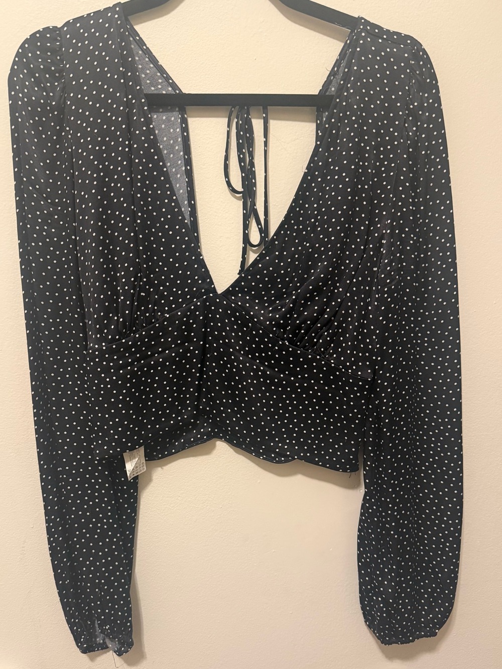 Zara Black Polka Dot V-Neck Tie-Back Blouse